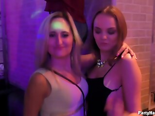 brunette Horny girls are partying hard and fucking even harder, in the night club, during the party big tits blonde